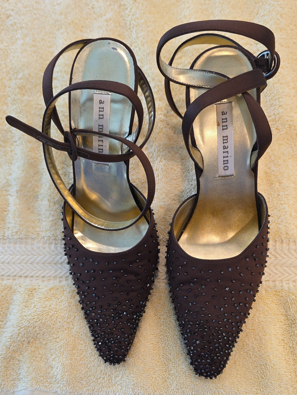 Ann Marino Chocolate Brown Satin Beaded Pointed-Toe Ankle-Strap Heels.